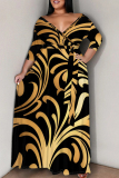 Black Gold Print V Neck Three Quarter Floor Length High Waist Lace Up Casual Outing Loose Maxi Dress