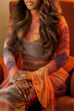 Orange Brown Gradient Mock Neck Bell Sleeve Bodycon Cocktail Party Maxi Dress
