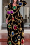 Black Gold Long Sleeve O Neck Floor Length Casual Outing Plus Size Straight Loose Maxi Dress