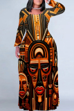 Black National Totem Print O Neck Long Sleeve Casual Outing Plus Size Straigh Loose Maxi Dress