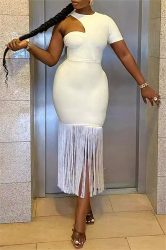 White Single Sleeve O Neck Fringed Hem Bodycon Maxi Dress For Evening Cocktail Party