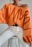 Orange Casual Knitting Loose Geometric Print Round Neck Lantern Sleeve Tops Sweaters