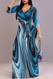 Orange Geometric Print V Neck 3/4 Sleeve Lace Up Casual Outing Flowy Maxi Dress
