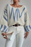 Orange Casual Knitting Loose Geometric Print Round Neck Lantern Sleeve Tops Sweaters