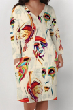Beige Camouflage Butterfly Flowers Print V Neck Long Sleeve Pocket Casual Street Straight Loose Midi Dress