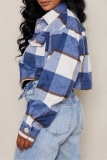 Blue Casual Plaid Buttons up Turndown Collar Long Sleeve Outerwear Short Jackets