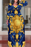 Black Gold Long Sleeve O Neck Floor Length Casual Outing Plus Size Straight Loose Maxi Dress