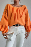Orange Casual Knitting Loose Geometric Print Round Neck Lantern Sleeve Tops Sweaters