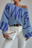 Orange Casual Knitting Loose Geometric Print Round Neck Lantern Sleeve Tops Sweaters