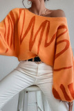 Orange Casual Knitting Loose Geometric Print Round Neck Lantern Sleeve Tops Sweaters
