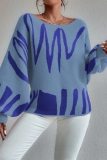 Orange Casual Knitting Loose Geometric Print Round Neck Lantern Sleeve Tops Sweaters