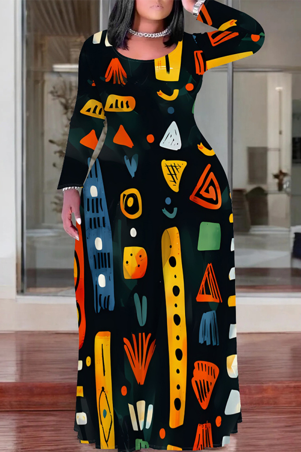 Black National Totem Print O Neck Long Sleeve Casual Outing Plus Size Straigh Loose Maxi Dress