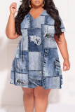 Dark Blue Faux Denim Print V Neck Short Sleeve Casual Outing Straight Loose Midi Dress