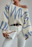 Orange Casual Knitting Loose Geometric Print Round Neck Lantern Sleeve Tops Sweaters