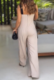 Apricot Casual Pocket Square Neck Spaghetti Strap Loose Wide Leg Cami Jumpsuits