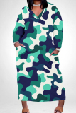 Green Camouflage Print V Neck Long Sleeve Ankle Length Plus Size Straight Loose Maxi Dress