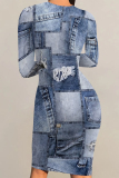 Dark Blue Faux Denim Print O Neck Long Sleeve Casual Outing Bodycon Pencil Midi Dress