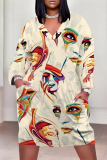 Beige Camouflage Butterfly Flowers Print V Neck Long Sleeve Pocket Casual Street Straight Loose Midi Dress
