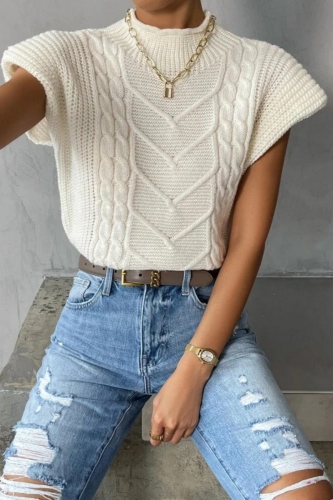 Khaki Casual Knitted Round Neck Short Sleeve Sweaters Tops