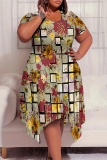 Black Geometric Print O Neck Short Sleeve Irregular Hem Casual Outing Plus Size Straight Loose Midi Dress