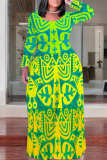 Black National Totem Print O Neck Long Sleeve Casual Outing Plus Size Straigh Loose Maxi Dress