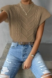 Khaki Casual Knitted Round Neck Short Sleeve Sweaters Tops