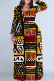 Black National Totem Print O Neck Long Sleeve Casual Outing Plus Size Straigh Loose Maxi Dress