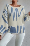 Orange Casual Knitting Loose Geometric Print Round Neck Lantern Sleeve Tops Sweaters