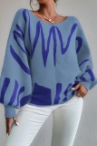 Orange Casual Knitting Loose Geometric Print Round Neck Lantern Sleeve Tops Sweaters
