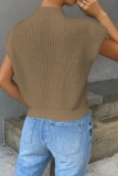 Khaki Casual Knitted Round Neck Short Sleeve Sweaters Tops