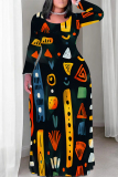 Black National Totem Print O Neck Long Sleeve Casual Outing Plus Size Straigh Loose Maxi Dress