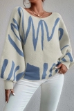 Orange Casual Knitting Loose Geometric Print Round Neck Lantern Sleeve Tops Sweaters