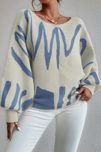 Orange Casual Knitting Loose Geometric Print Round Neck Lantern Sleeve Tops Sweaters