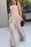 Apricot Casual Pocket Square Neck Spaghetti Strap Loose Wide Leg Cami Jumpsuits