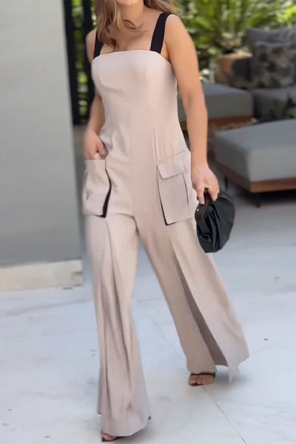 Apricot Casual Pocket Square Neck Spaghetti Strap Loose Wide Leg Cami Jumpsuits
