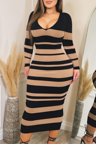 Black V Neck Long Sleeve Casual Outing Bodycon Striped Knit Sweater Maxi Dress
