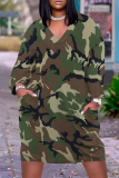 Beige Camouflage Butterfly Flowers Print V Neck Long Sleeve Pocket Casual Street Straight Loose Midi Dress