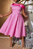 Pink Sleeveless Oblique Collar Jacquard A Line Fitted Pleated Wedding Guest Mother Of the Bride Midi Dress
