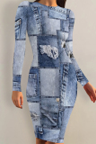 Dark Blue Faux Denim Print O Neck Long Sleeve Casual Outing Bodycon Pencil Midi Dress