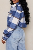 Blue Casual Plaid Buttons up Turndown Collar Long Sleeve Outerwear Short Jackets