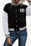 White Casual Letters Button up Patchwork Contrast V Neck Outerwear Varsity Jackets