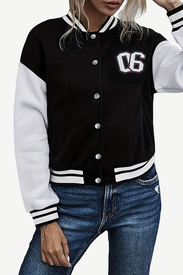 White Casual Letters Button up Patchwork Contrast V Neck Outerwear Varsity Jackets