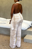Ivory-white Party Club Formal Print Irregular Backless Sleeveless Halter Wide Leg Jumpsuits