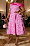Pink Sleeveless Oblique Collar Jacquard A Line Fitted Pleated Wedding Guest Mother Of the Bride Midi Dress