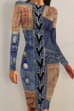 Dark Blue Faux Denim Print O Neck Long Sleeve Casual Outing Bodycon Pencil Midi Dress