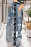 Blue Brown Casual Faux Denim Print Pocket Contrast Loose High Waist Wide Leg  Bottoms Pants
