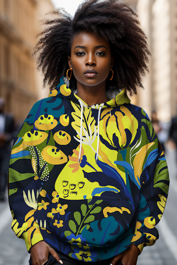 Yellow Casual Graphic Print Basic Hooded Long Sleeve Tops Sweatshirts
