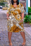 Dark Brown Leopard Graphic Print V Neck Short Sleeve Casual Outing Straight T Shirt Midi Dress
