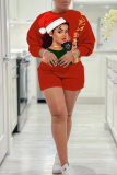 Red Black Casual Figure Print Basic Round Neck Long Sleeve Sweatshirts and Shorts Two Pieces Sets