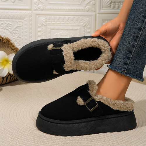 Drak Brown Plush Hem Comfortable Platform Shoes Slip on Slippers Thick-Soled Short Boots